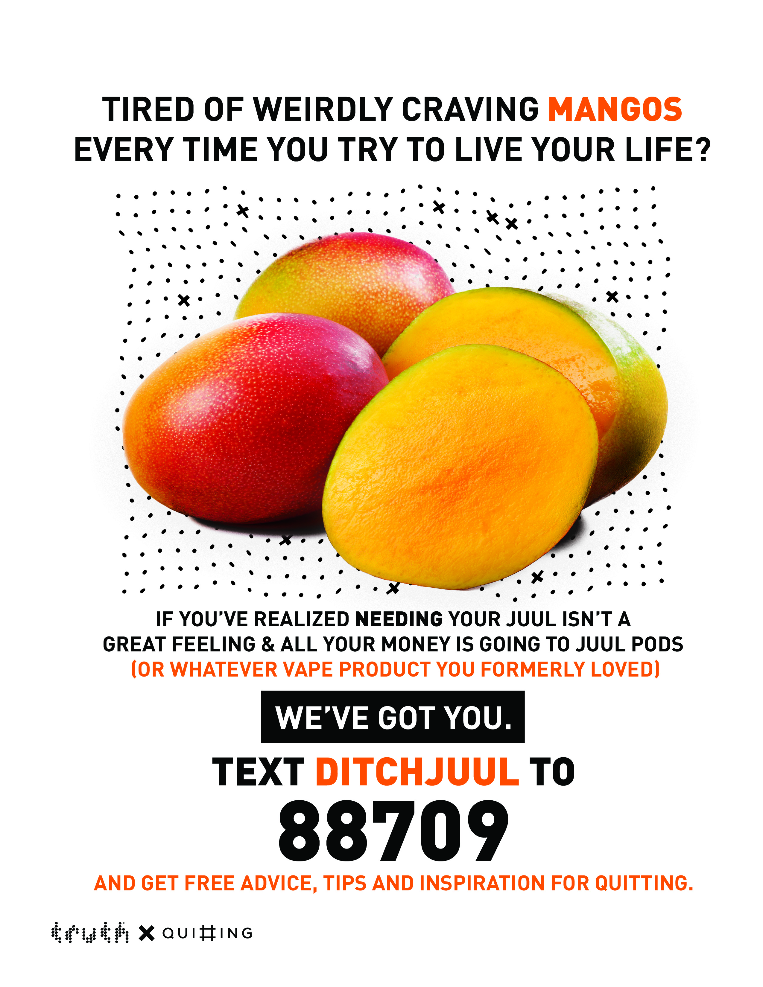Vaping cessation flyer with mangoes to represent mango-flavored Juul pods.  