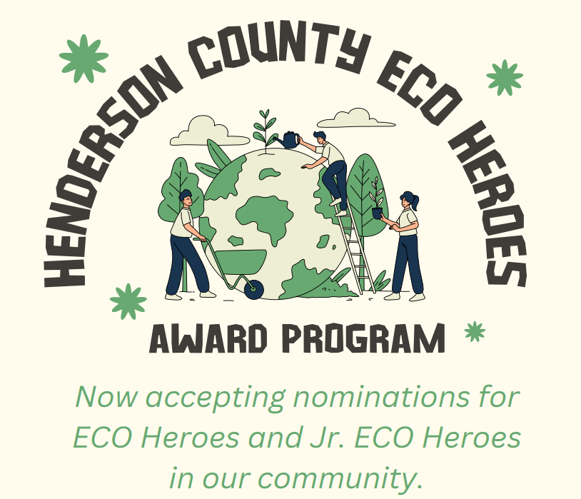 Graphic for Eco Heroes Award Program. The graphic features three people caring for the Earth.