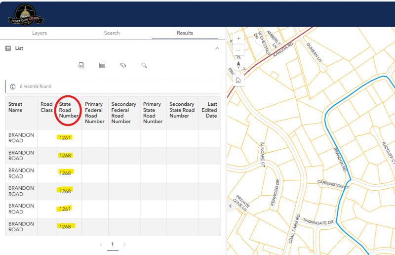 GISWeb example showing that all the selected road segments have State Road Numbers greater than 0