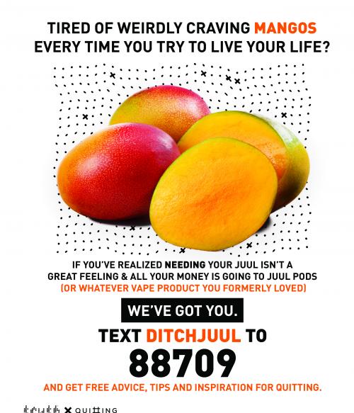 Vaping cessation flyer with mangoes to represent mango-flavored Juul pods.  