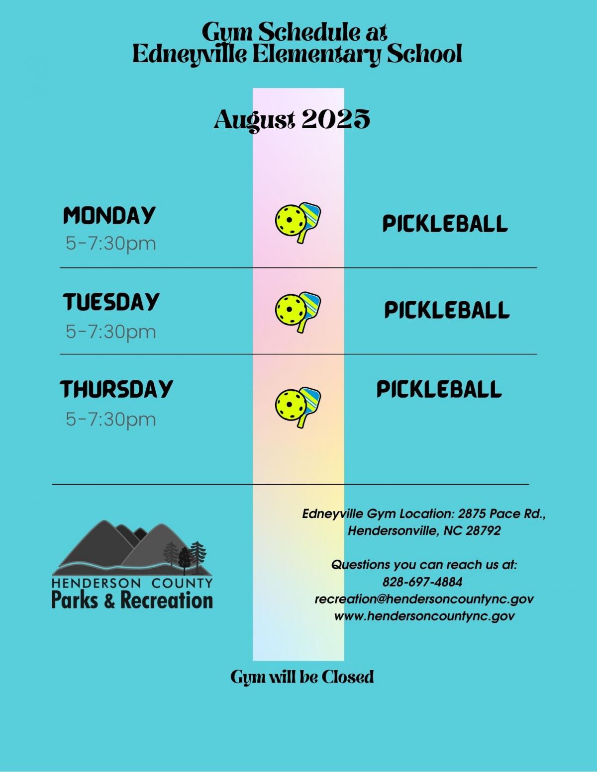 August Edneyville Gym Schedule